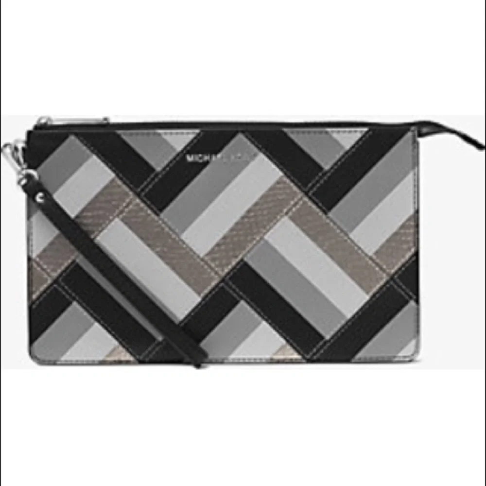 MICHAEL Michael Kors Chevron Patchwork Wristlet in Black, Gray, Taupe